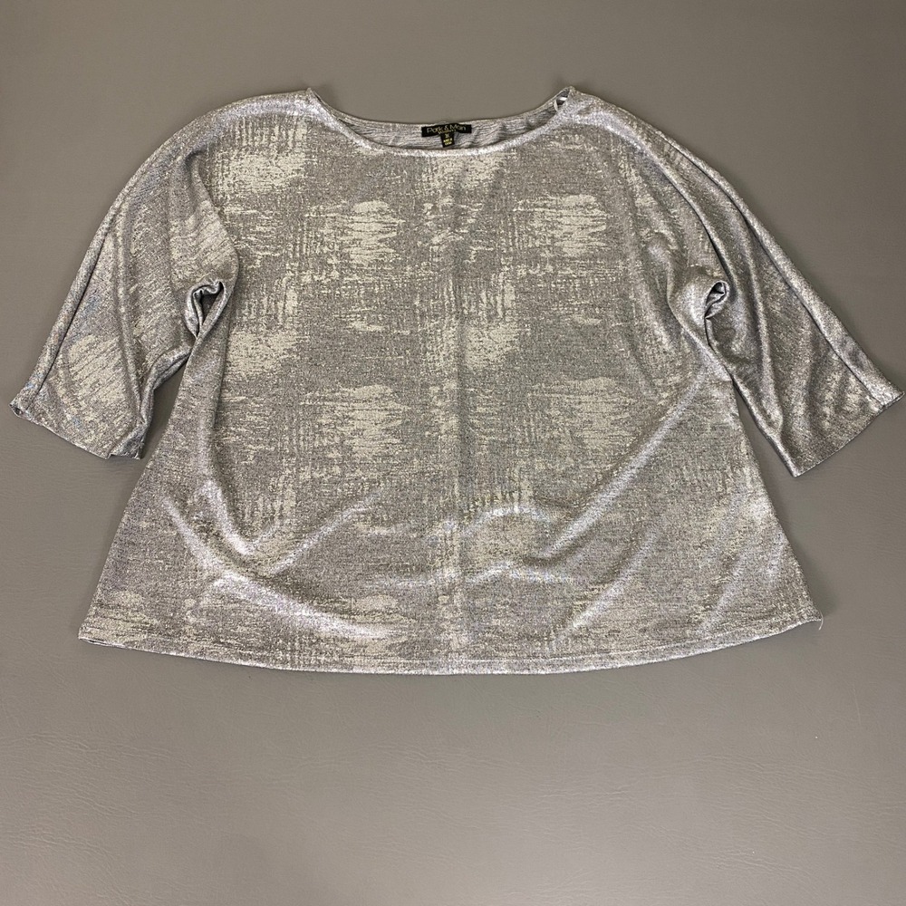 Park & Main Blouse Top Women's Plus Size 3X Silver Metallic Foil Dolman Sleeve